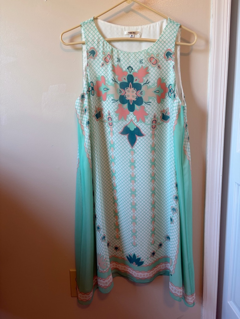 Sophie Max Mint Aqua and Coral Printed Sleeveless Mini Dress